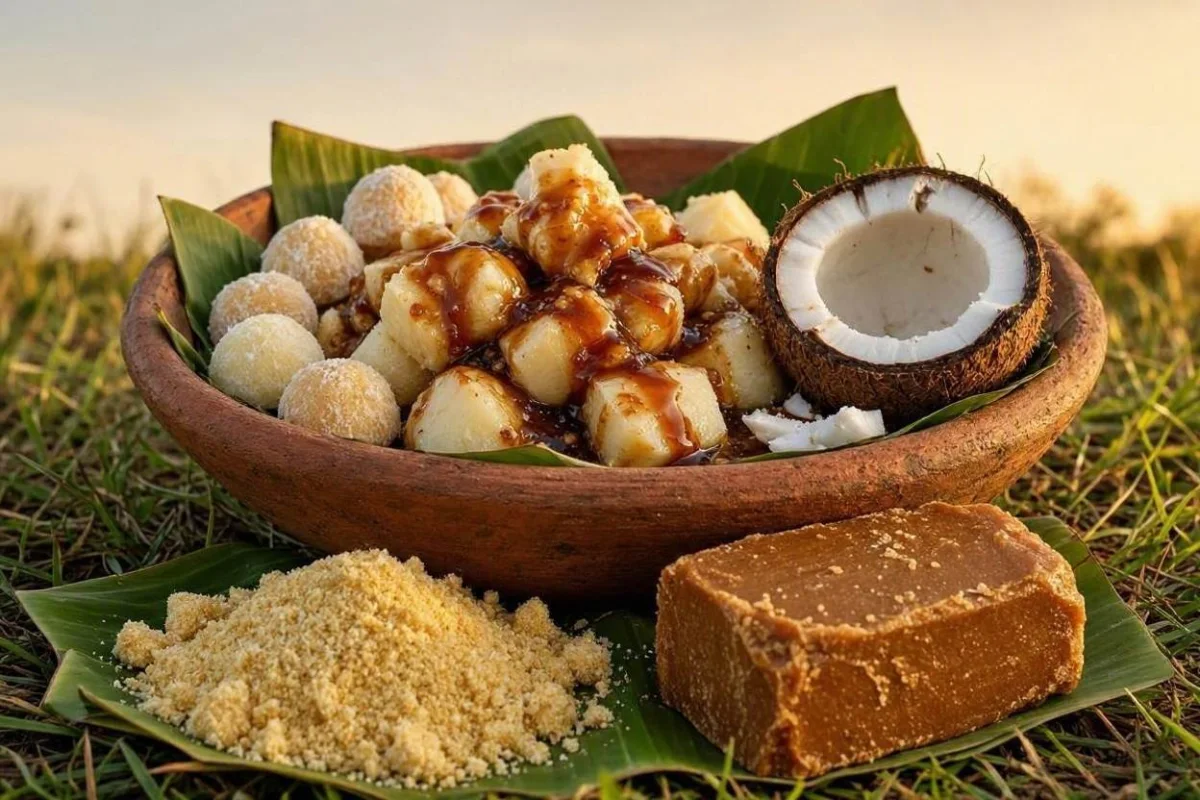 Oferenda para Baiano Severino da Bahia em campo aberto ao entardecer, com alguidar de barro forrado de folha de bananeira cheio de aipim com melado, cocadas, pedaços de coco seco, farofa e rapadura, frutas amarelas ao redor, flores amarelas e velas amarelas acesas