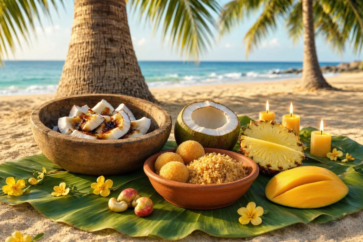 Oferenda para Baiano Zé do Coco aos pés de um coqueiro, com gamela de madeira cheia de pedaços de coco com melado, cocadas, farofa, frutas amarelas, coco verde aberto, flores amarelas e velas amarelas acesas sobre folha de bananeira
