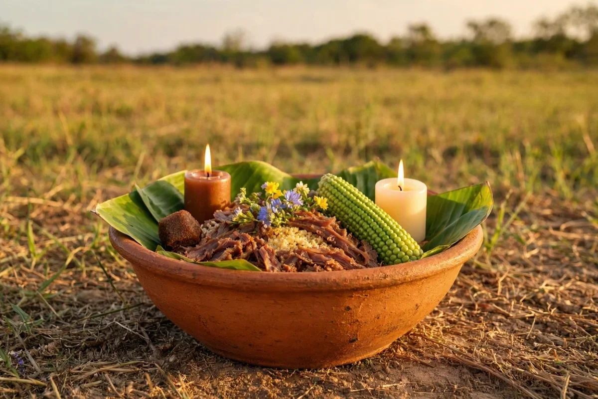 Oferenda para Boiadeiro Navizala em alguidar de barro forrado com folha de bananeira, com carne de sol desfiada, farofa com banana, rapadura, milho verde, cuia com vinho, flores do campo e velas marrons e brancas num pasto do sertão