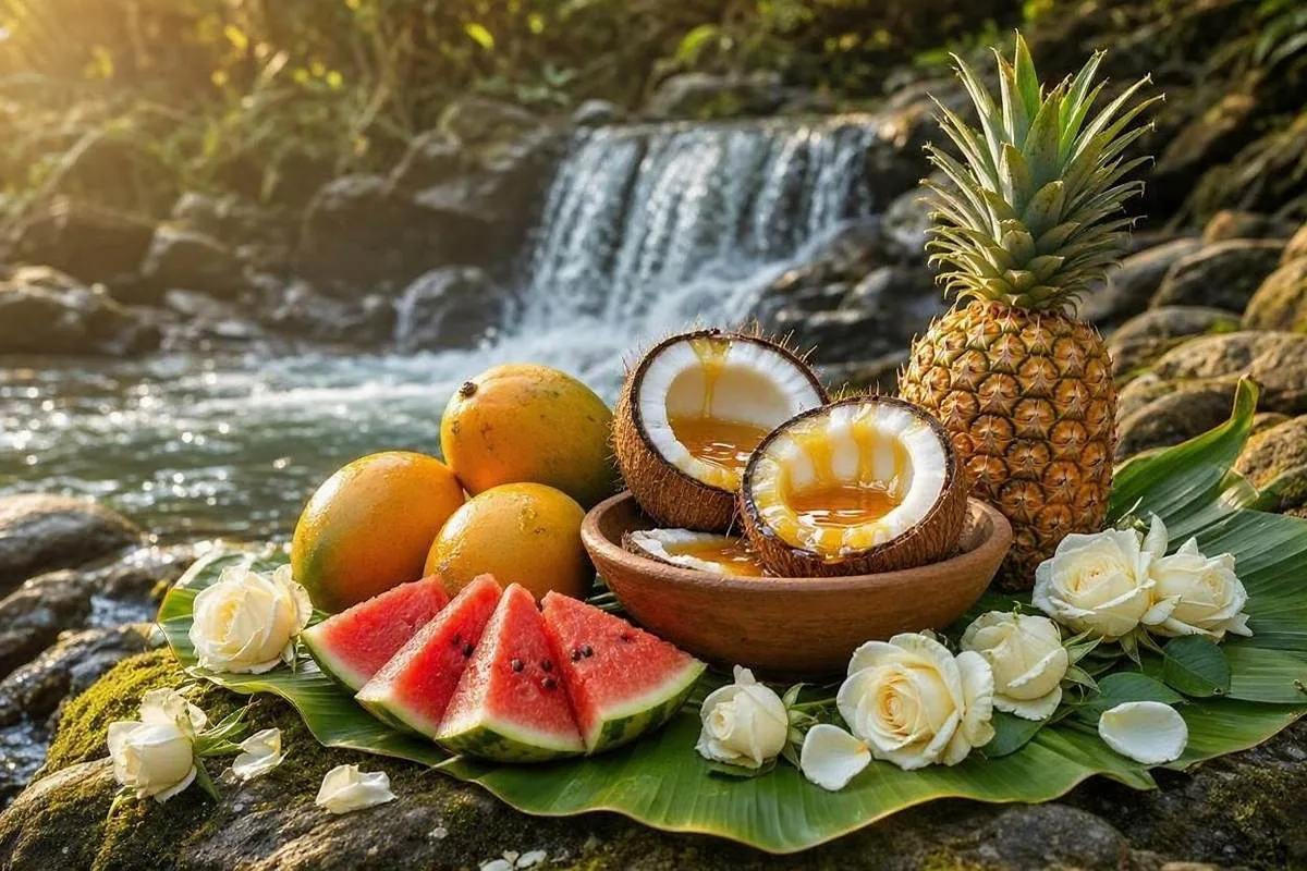 Oferenda para Cabocla Iara à beira de uma cachoeira, com alguidar de barro sobre folha de bananeira numa pedra da margem, mangas, fatias de melancia, abacaxi, coco aberto com mel, rosas brancas e velas verdes e brancas acesas junto à água