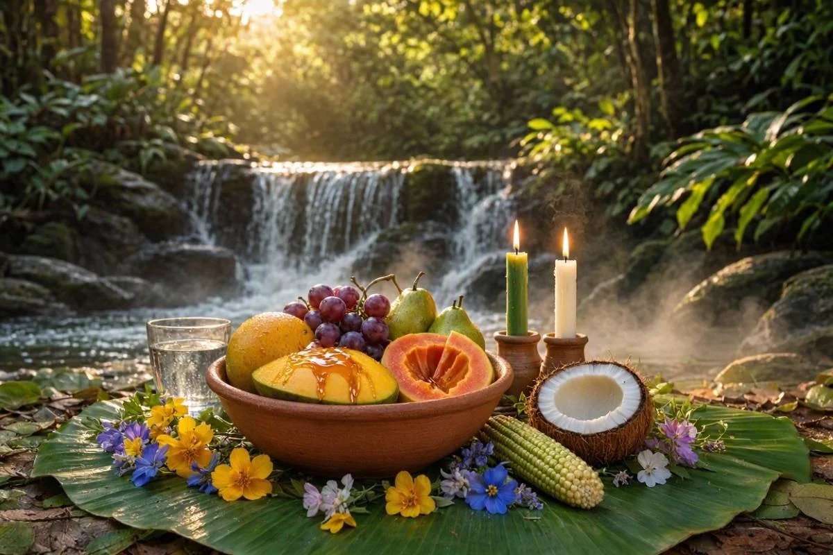 Oferenda para Cabocla Jandira na mata perto de uma cachoeira, com alguidar de barro sobre folha de bananeira, frutas frescas regadas com mel, coco aberto, espigas de milho verde, flores do campo, copo de água e velas verdes e brancas acesas