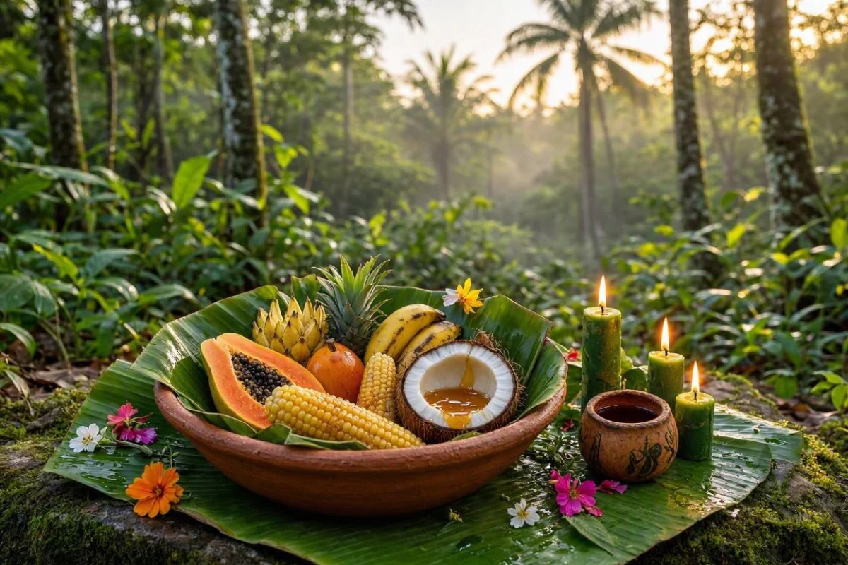 Oferenda para Cabocla Jussara em alguidar de barro forrado com folhas de bananeira, com frutas, milho cozido, coco com mel, flores do campo e velas verdes no chão da mata, com palmeiras ao fundo