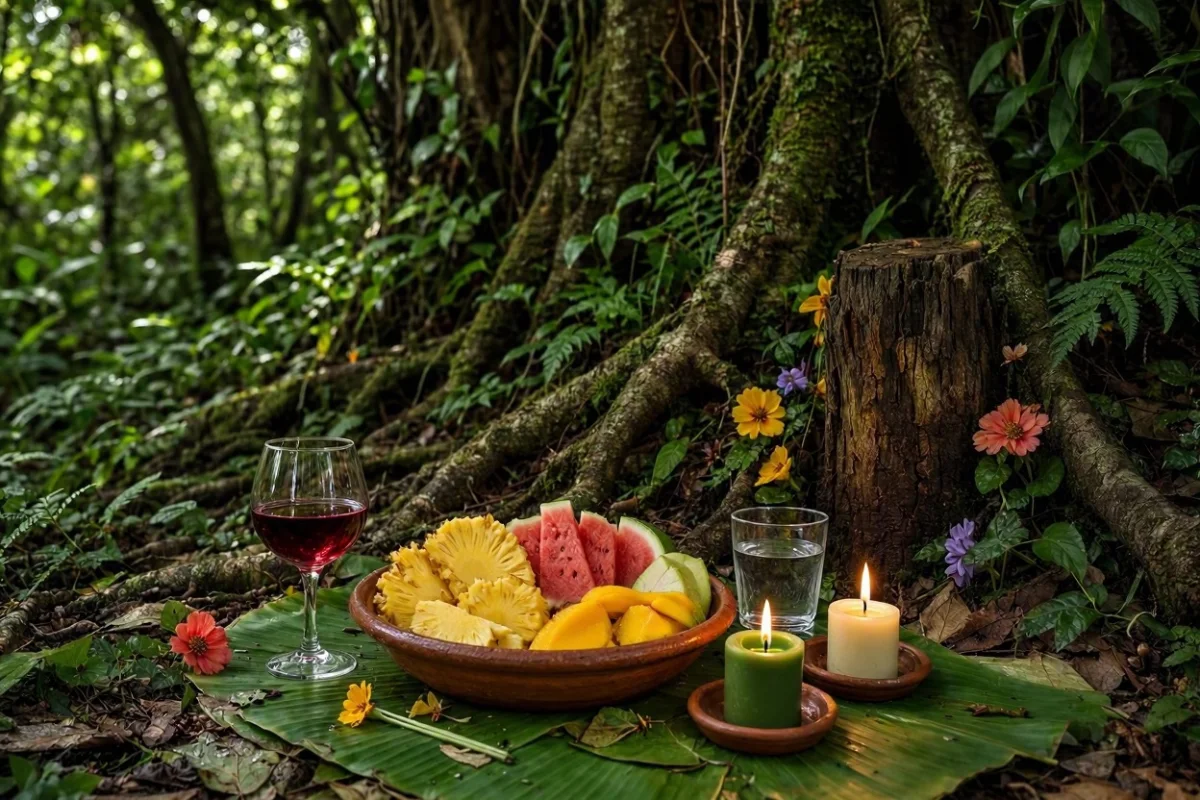 Oferenda para Caboclo Arranca Toco ao pé de uma árvore antiga na mata, com frutas abertas sobre folha de bananeira, copo de vinho tinto, velas verdes e marrons acesas, flores do campo e fumo de rolo junto às raízes
