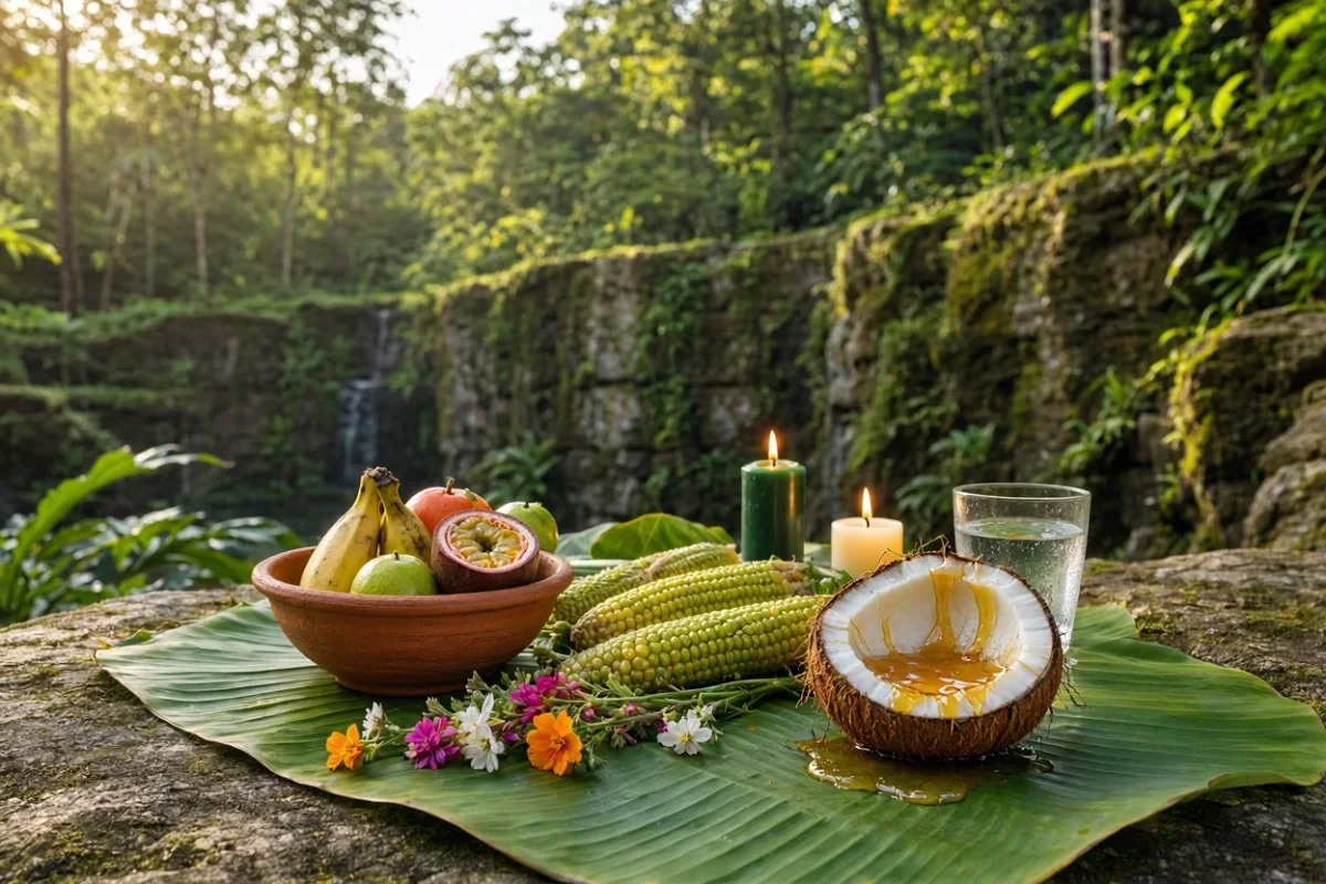 Oferenda para Caboclo Cobra Coral na mata ao pé de uma pedreira, com alguidar de barro sobre folha de bananeira, frutas frescas, coco aberto regado com mel, espigas de milho verde, flores do campo, copo de água e velas verdes e brancas acesas