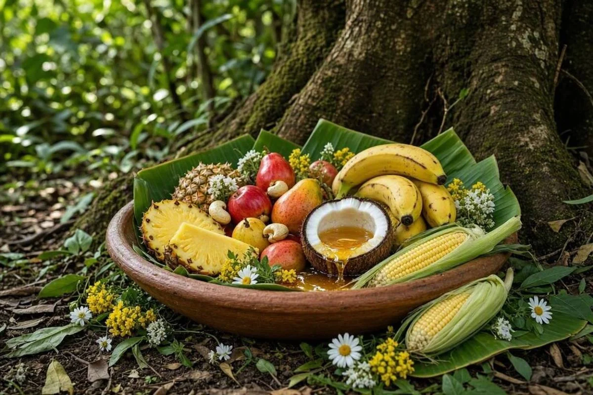 Oferenda para Caboclo Rompe Mato na entrada da mata, com alguidar de barro sobre folha de bananeira, abacaxi, caju, bananas, coco aberto com mel, espigas de milho, flores do campo e velas verdes, brancas e vermelhas acesas ao pé de uma árvore