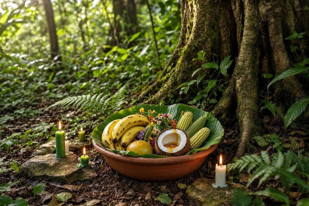 Oferenda para Caboclo Tupinambá em alguidar de barro forrado com folhas de bananeira, com frutas, milho verde, coco com mel, flores do campo e velas verdes e brancas ao pé de uma árvore na mata