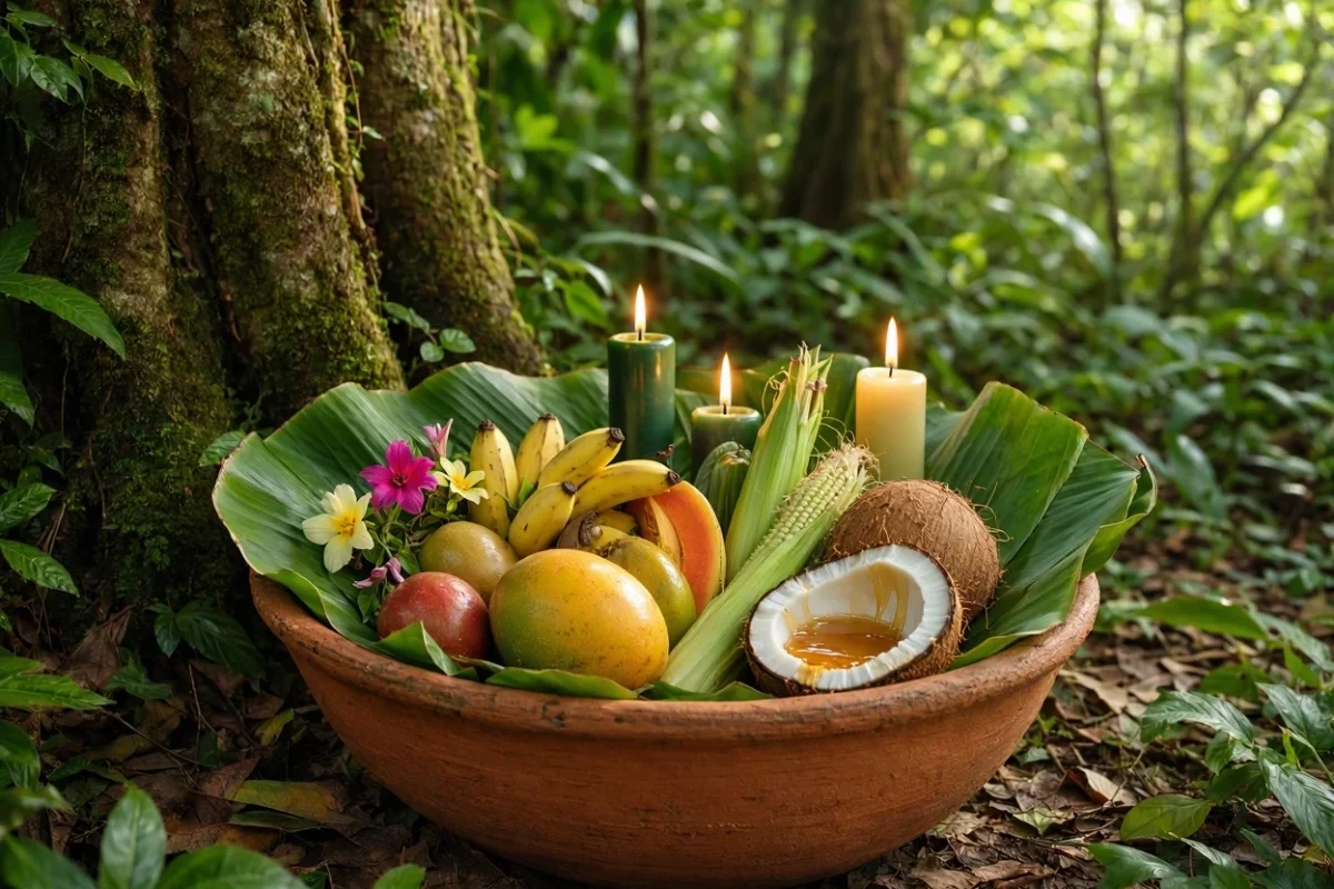 Oferenda para Caboclo Ubirajara em alguidar de barro forrado com folhas de bananeira, com frutas, milho verde, coco com vinho e mel, flores do campo e velas verdes e brancas ao pé de uma árvore na mata