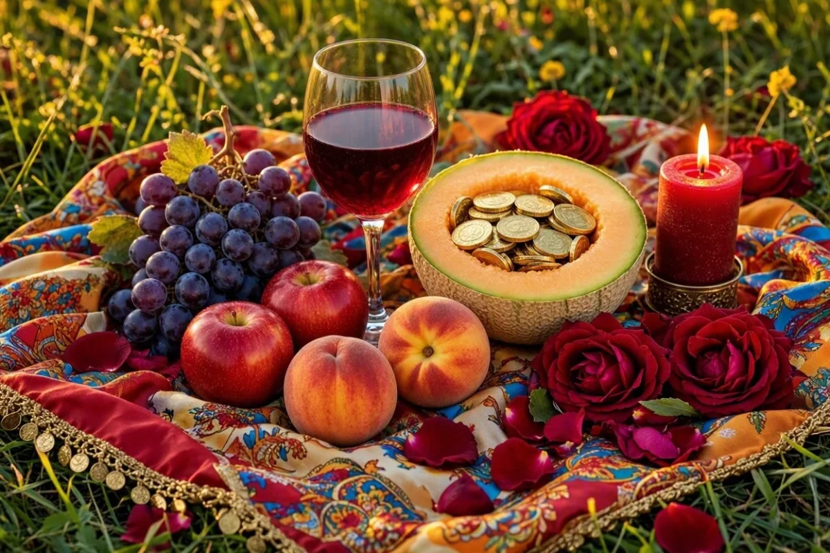 Oferenda para Cigano Wladimir num campo florido ao entardecer, com lenço colorido estendido na grama, cacho de uvas, maçãs vermelhas, pêssegos, melão aberto com moedas douradas, taça de vinho tinto, rosas vermelhas abertas e vela vermelha acesa