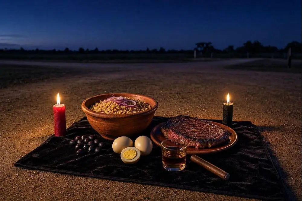 Oferenda para Exu Capa Preta em vasilha de barro com farofa de dendê, cebola roxa e velas vermelha e preta numa encruzilhada à noite