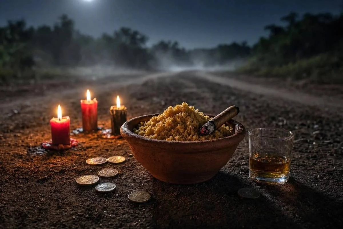 Oferenda para Exu Meia-Noite em vasilha de barro com farofa de dendê, charuto, copo de marafo, moedas e velas vermelha e preta acesas numa encruzilhada de terra à noite