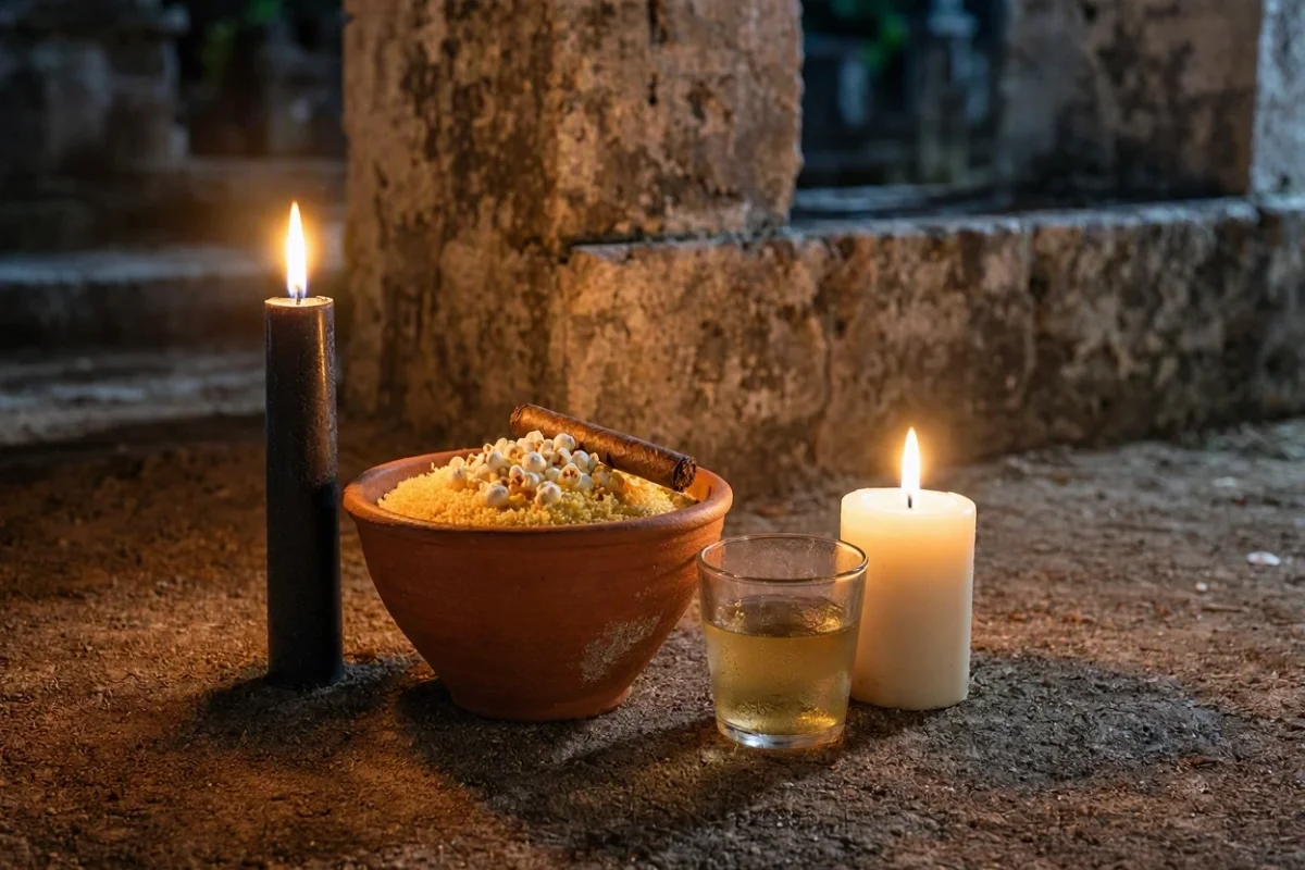 Oferenda para Exu Sete Covas em vasilha de barro com farofa de dendê, pipoca, charuto, copo de marafo e velas preta e branca acesas sobre terra batida à noite