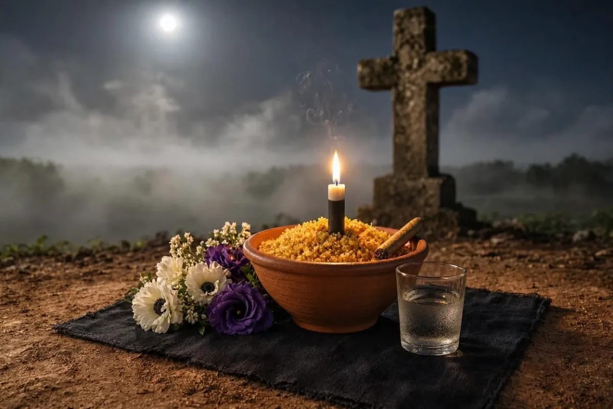Oferenda para Exu Tatá Caveira com vela preta e branca acesa, charuto, copo de cachaça e vasilha de barro com farofa de dendê sobre pano preto, perto de um cruzeiro de pedra à noite