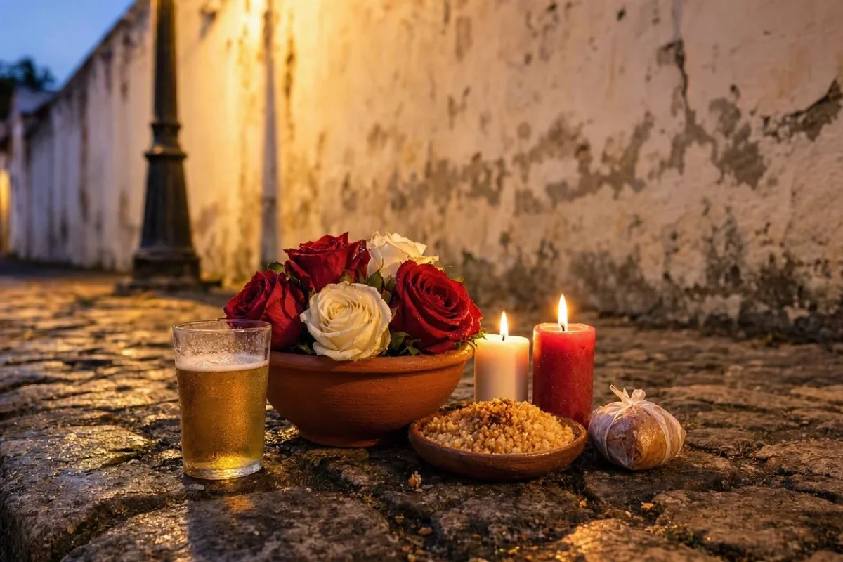 Oferenda para Maria Navalha em alguidar de barro com rosas vermelhas e brancas, farofa de carne seca, cocada, copo de cerveja e velas brancas e vermelhas acesas numa esquina de paralelepípedos ao anoitecer