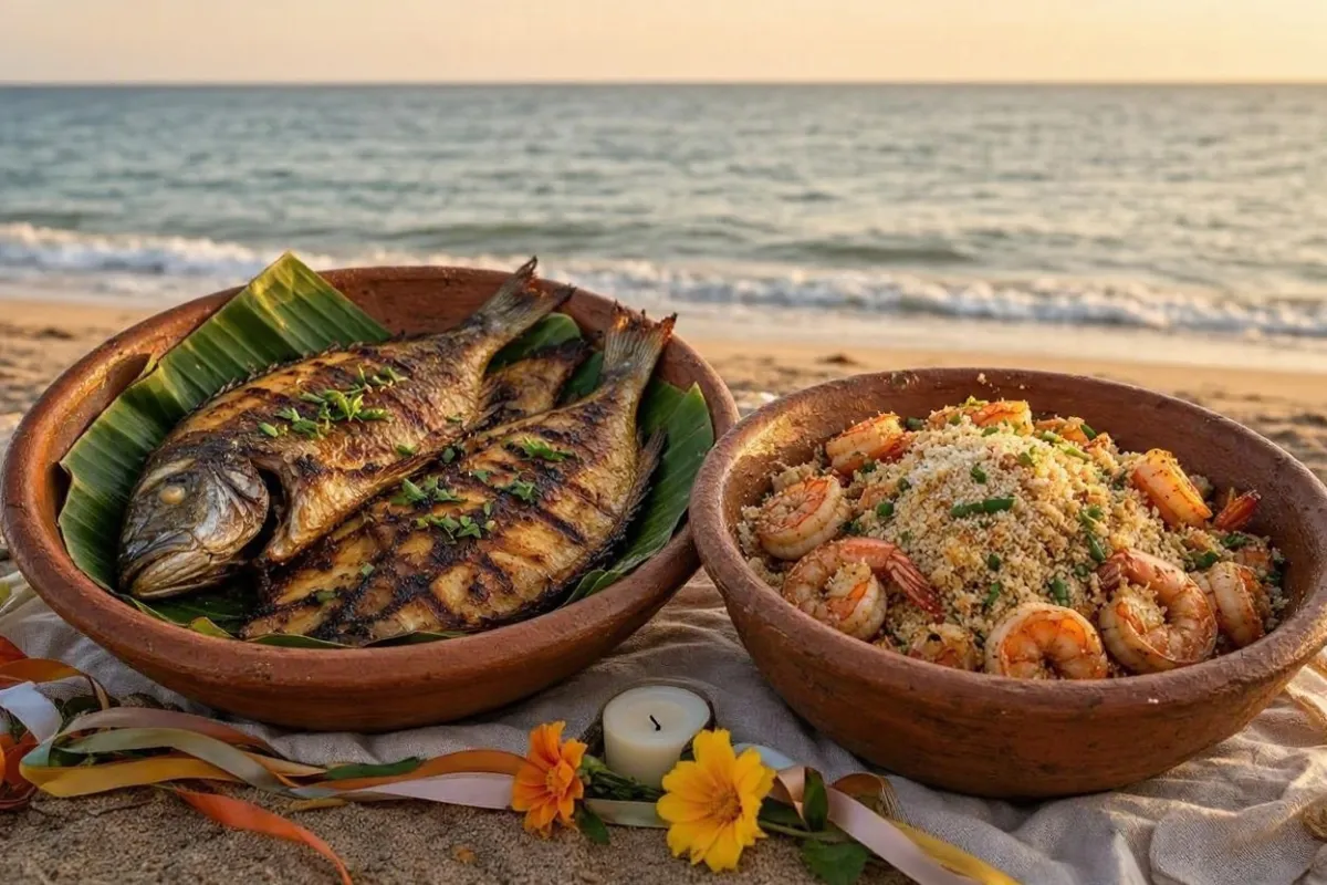 Oferenda para Marinheiro Martim Pescador na areia seca da praia, com pano branco, peixe assado sobre folha de bananeira, camarões, farofa, frutas, cravos brancos, fitas azul claro e brancas e velas azul e brancas acesas diante do mar