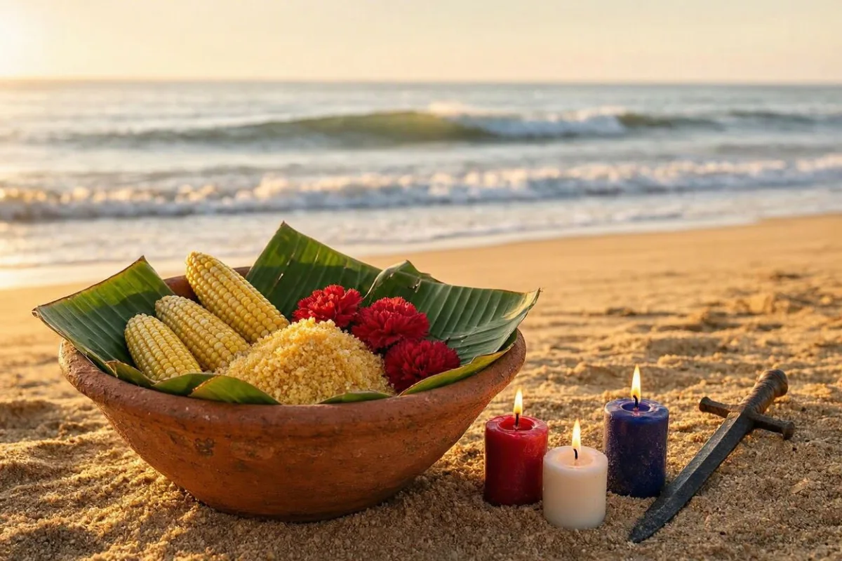 Oferenda para Ogum Beira-Mar em alguidar de barro forrado com folhas de bananeira, com milho cozido, farofa de dendê, cravos vermelhos, rosas brancas e velas vermelhas e brancas na areia da praia, com ondas ao fundo