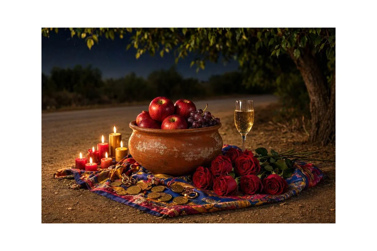 Oferenda para Pombagira Cigana em alguidar de barro com rosas vermelhas, maçãs e uvas, taça de espumante, lenço colorido, moedas e velas acesas à noite