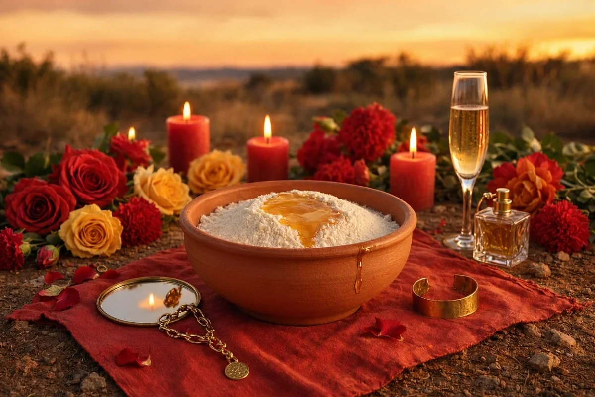 Oferenda para Pombagira Dama da Noite sobre pano vermelho ao anoitecer, com alguidar de barro com padê e mel, rosas vermelhas e amarelas, cravos vermelhos, taça de champanhe, frasco de perfume, espelho, bijuterias douradas e velas vermelhas acesas