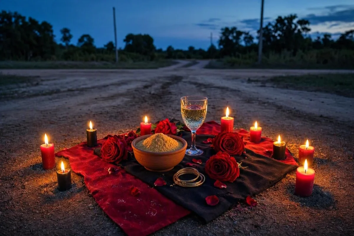 Oferenda para Pombagira Maria Quitéria sobre pano vermelho e preto com rosas vermelhas abertas, taça de espumante, padê em alguidar de barro e velas vermelhas e pretas acesas numa encruzilhada de terra ao anoitecer