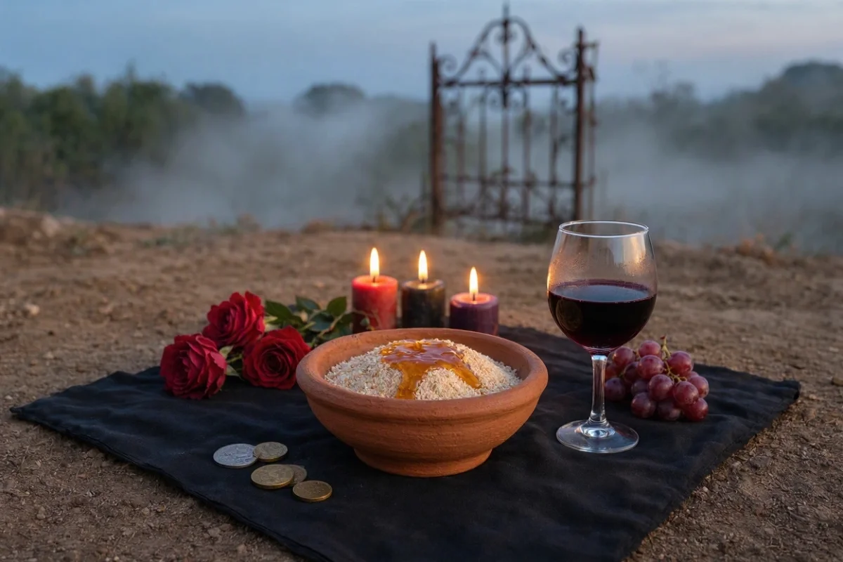 Oferenda para Pombagira Rosa Caveira sobre pano preto num chão de terra ao anoitecer, com alguidar de barro com padê, rosas vermelhas sem espinhos, taça de vinho tinto, cacho de uvas vermelhas, moedas, espelho redondo e velas vermelhas, pretas e roxas acesas