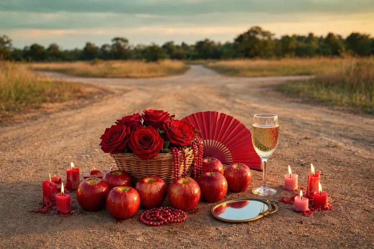 Oferenda para Pombagira Sete Saias em cesta com sete rosas vermelhas, maçãs com mel, taça de espumante, espelho, leque, colares e velas acesas numa encruzilhada ao entardecer