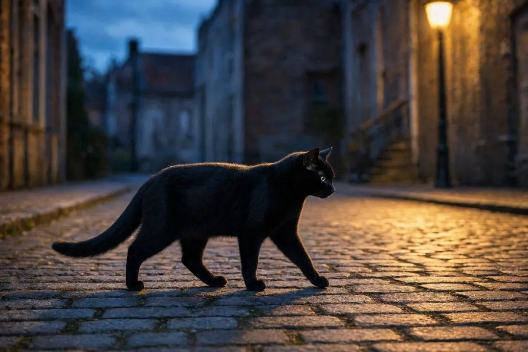 Gato preto cruzando o caminho